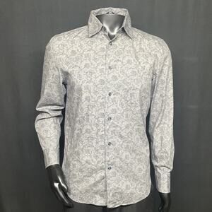 Express Mens SM 14-14.5 Gray Floral Paisley Print Casual Button Up Long Sleeve
